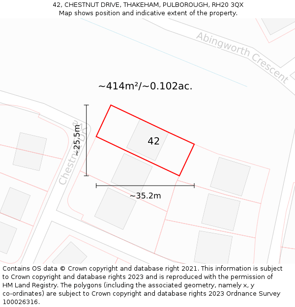 42, CHESTNUT DRIVE, THAKEHAM, PULBOROUGH, RH20 3QX: Plot and title map
