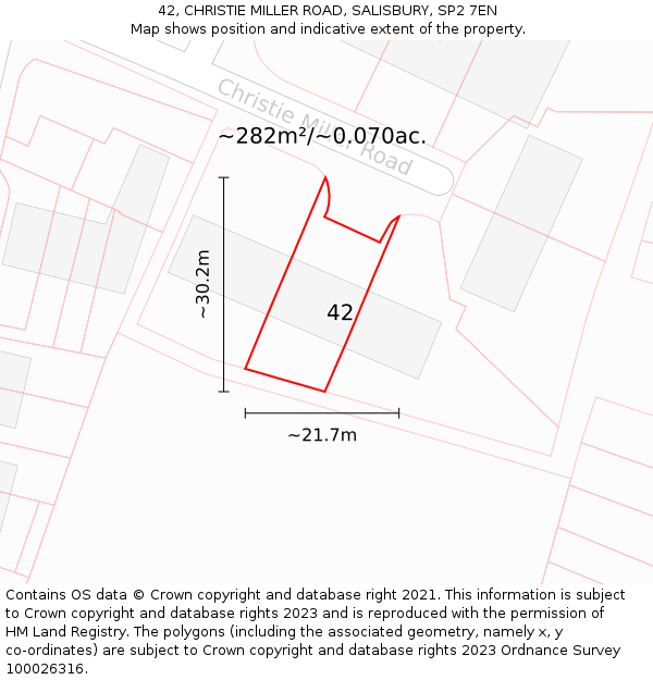 42, CHRISTIE MILLER ROAD, SALISBURY, SP2 7EN: Plot and title map