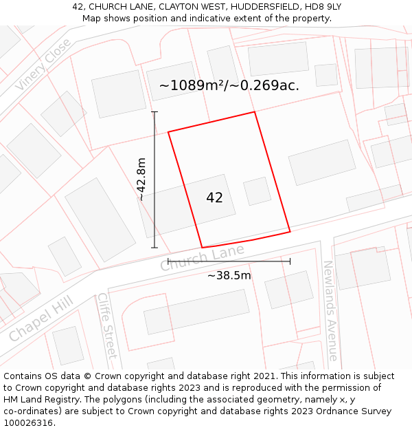 42, CHURCH LANE, CLAYTON WEST, HUDDERSFIELD, HD8 9LY: Plot and title map