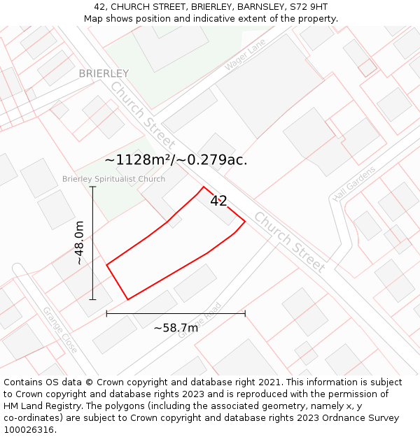 42, CHURCH STREET, BRIERLEY, BARNSLEY, S72 9HT: Plot and title map