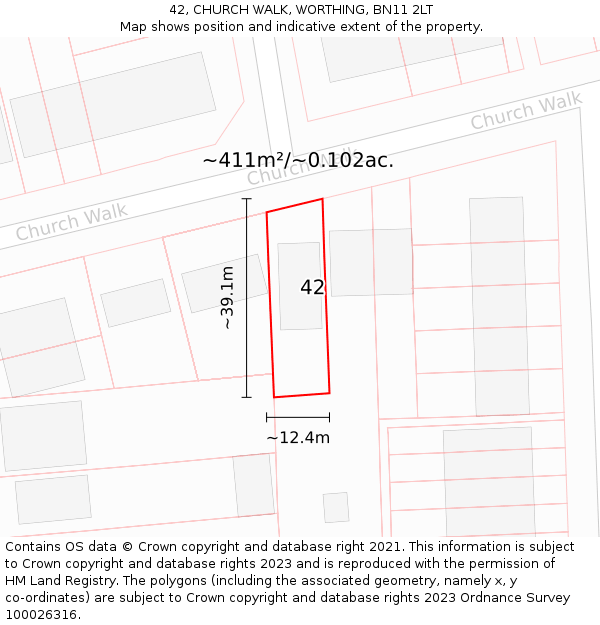 42, CHURCH WALK, WORTHING, BN11 2LT: Plot and title map