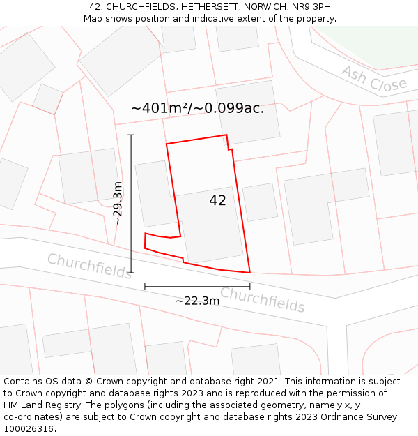 42, CHURCHFIELDS, HETHERSETT, NORWICH, NR9 3PH: Plot and title map
