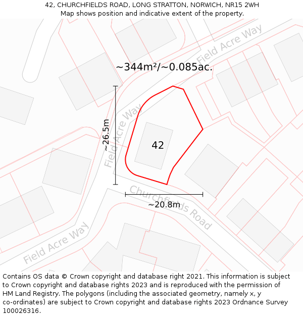 42, CHURCHFIELDS ROAD, LONG STRATTON, NORWICH, NR15 2WH: Plot and title map