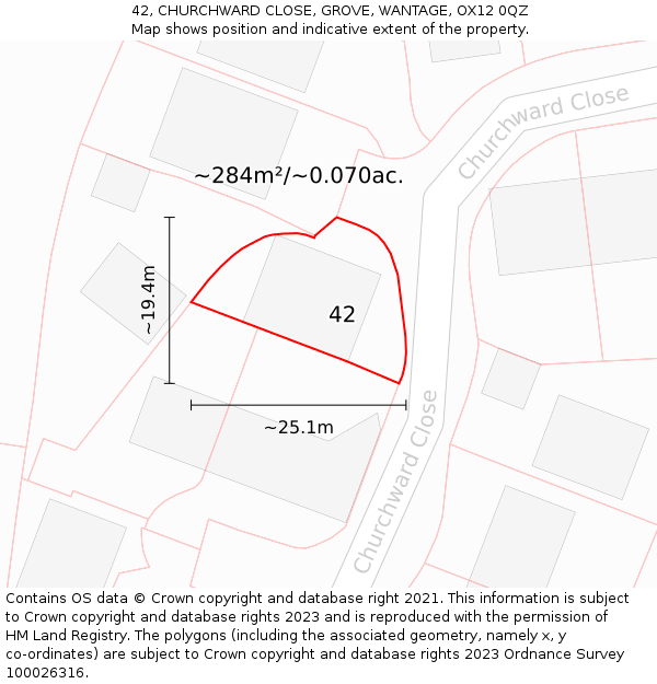 42, CHURCHWARD CLOSE, GROVE, WANTAGE, OX12 0QZ: Plot and title map