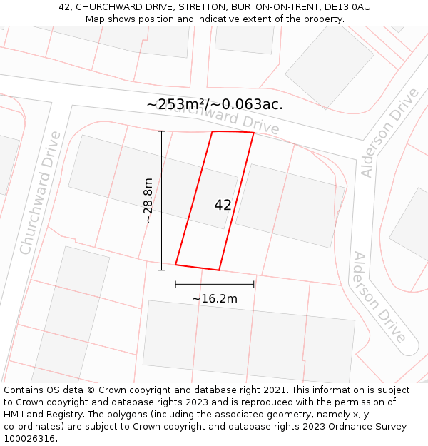 42, CHURCHWARD DRIVE, STRETTON, BURTON-ON-TRENT, DE13 0AU: Plot and title map
