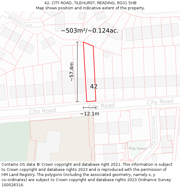 42, CITY ROAD, TILEHURST, READING, RG31 5HB: Plot and title map