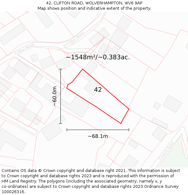42, CLIFTON ROAD, WOLVERHAMPTON, WV6 9AP: Plot and title map
