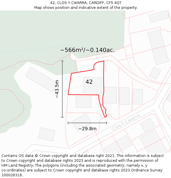 42, CLOS Y CWARRA, CARDIFF, CF5 4QT: Plot and title map