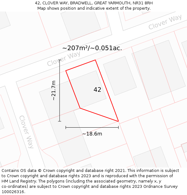 42, CLOVER WAY, BRADWELL, GREAT YARMOUTH, NR31 8RH: Plot and title map