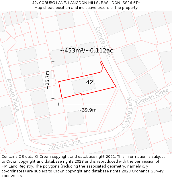 42, COBURG LANE, LANGDON HILLS, BASILDON, SS16 6TH: Plot and title map