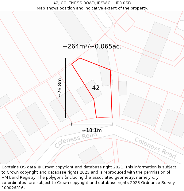 42, COLENESS ROAD, IPSWICH, IP3 0SD: Plot and title map