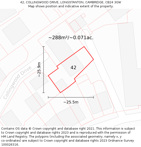 42, COLLINGWOOD DRIVE, LONGSTANTON, CAMBRIDGE, CB24 3GW: Plot and title map