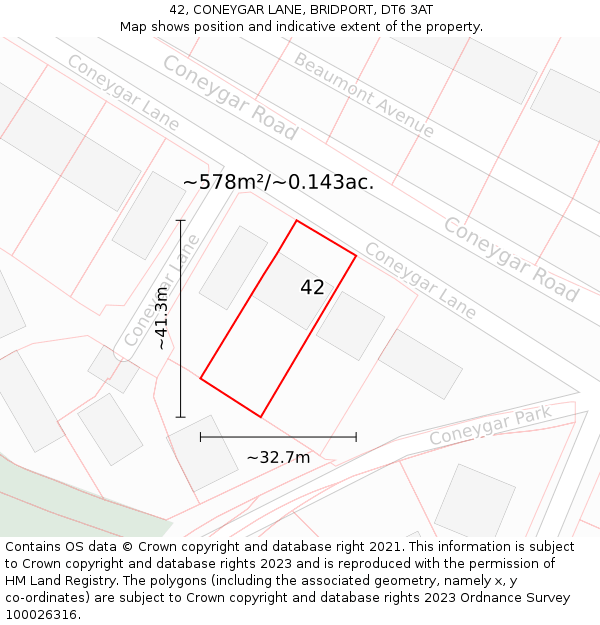 42, CONEYGAR LANE, BRIDPORT, DT6 3AT: Plot and title map