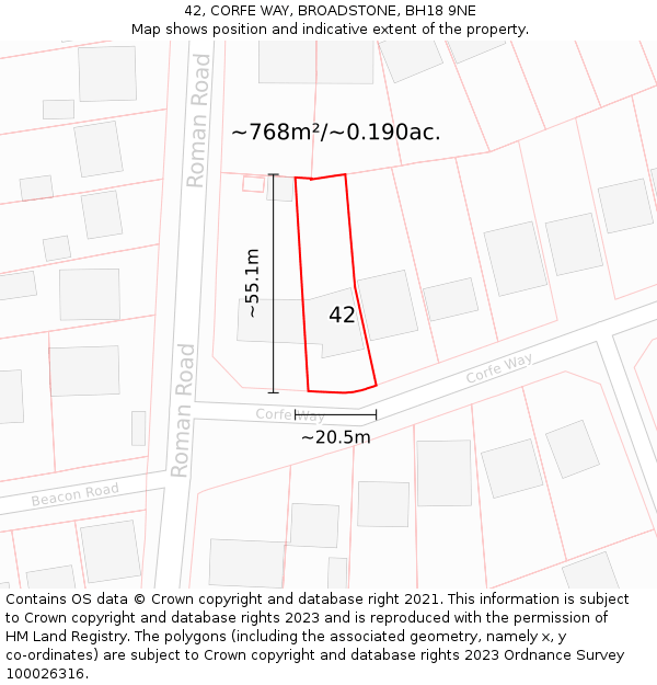 42, CORFE WAY, BROADSTONE, BH18 9NE: Plot and title map