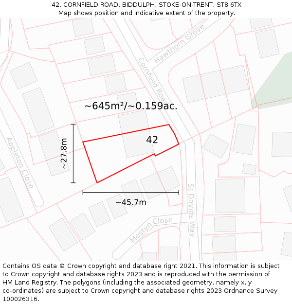 42, CORNFIELD ROAD, BIDDULPH, STOKE-ON-TRENT, ST8 6TX: Plot and title map