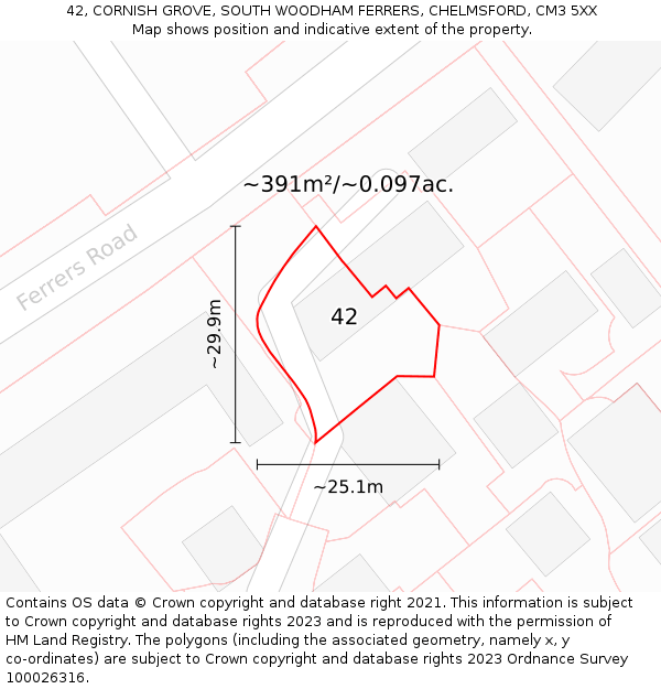 42, CORNISH GROVE, SOUTH WOODHAM FERRERS, CHELMSFORD, CM3 5XX: Plot and title map