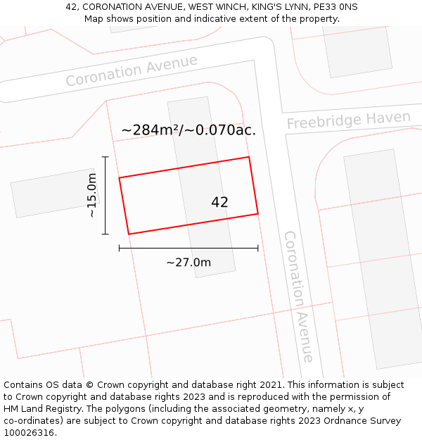 42, CORONATION AVENUE, WEST WINCH, KING'S LYNN, PE33 0NS: Plot and title map