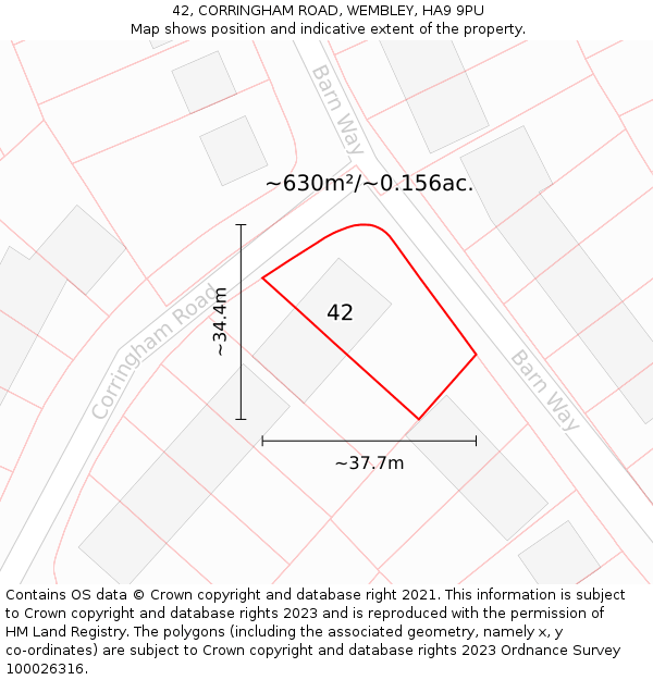 42, CORRINGHAM ROAD, WEMBLEY, HA9 9PU: Plot and title map