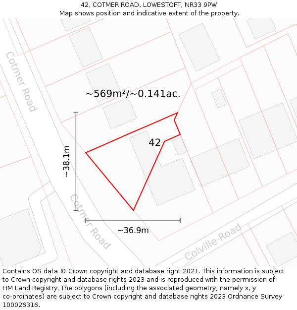 42, COTMER ROAD, LOWESTOFT, NR33 9PW: Plot and title map