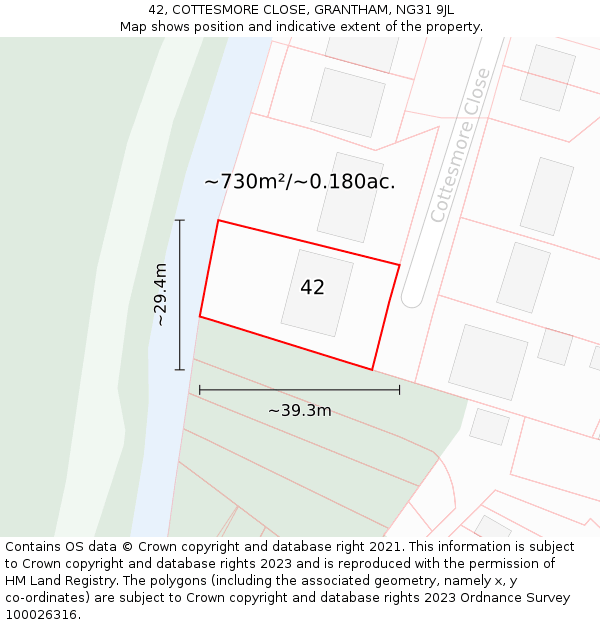 42, COTTESMORE CLOSE, GRANTHAM, NG31 9JL: Plot and title map