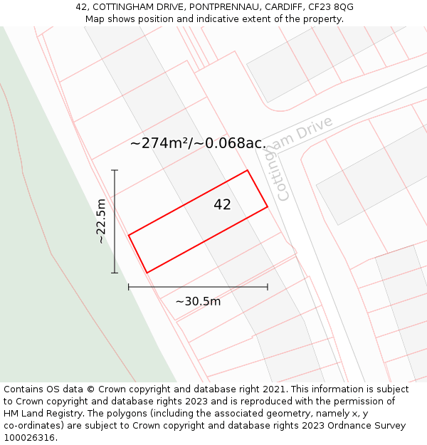 42, COTTINGHAM DRIVE, PONTPRENNAU, CARDIFF, CF23 8QG: Plot and title map