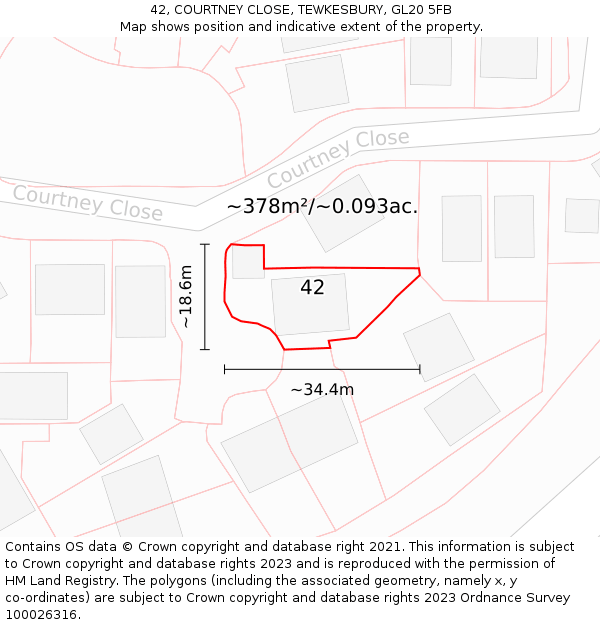 42, COURTNEY CLOSE, TEWKESBURY, GL20 5FB: Plot and title map