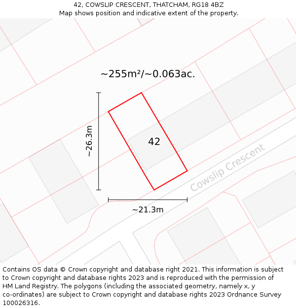 42, COWSLIP CRESCENT, THATCHAM, RG18 4BZ: Plot and title map