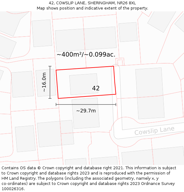 42, COWSLIP LANE, SHERINGHAM, NR26 8XL: Plot and title map