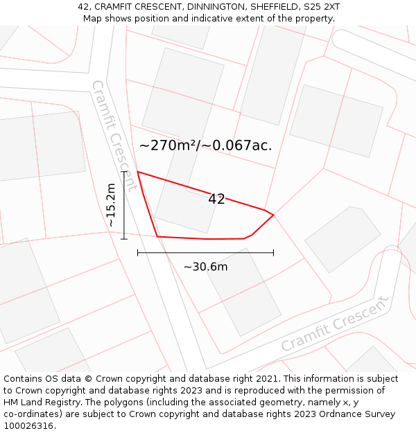 42, CRAMFIT CRESCENT, DINNINGTON, SHEFFIELD, S25 2XT: Plot and title map