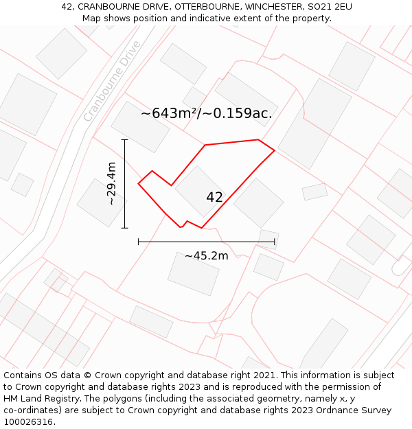 42, CRANBOURNE DRIVE, OTTERBOURNE, WINCHESTER, SO21 2EU: Plot and title map