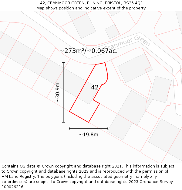 42, CRANMOOR GREEN, PILNING, BRISTOL, BS35 4QF: Plot and title map