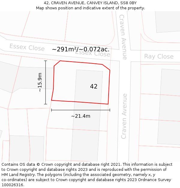 42, CRAVEN AVENUE, CANVEY ISLAND, SS8 0BY: Plot and title map