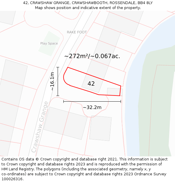 42, CRAWSHAW GRANGE, CRAWSHAWBOOTH, ROSSENDALE, BB4 8LY: Plot and title map
