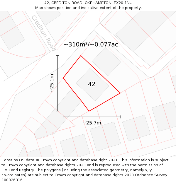 42, CREDITON ROAD, OKEHAMPTON, EX20 1NU: Plot and title map