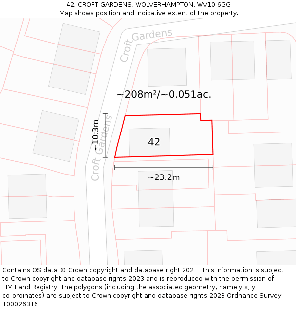 42, CROFT GARDENS, WOLVERHAMPTON, WV10 6GG: Plot and title map