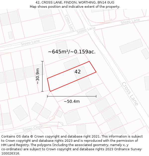 42, CROSS LANE, FINDON, WORTHING, BN14 0UG: Plot and title map