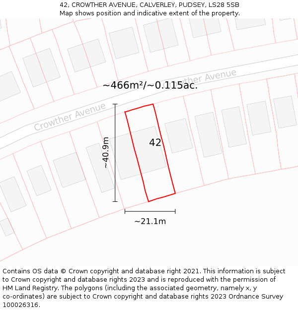 42, CROWTHER AVENUE, CALVERLEY, PUDSEY, LS28 5SB: Plot and title map