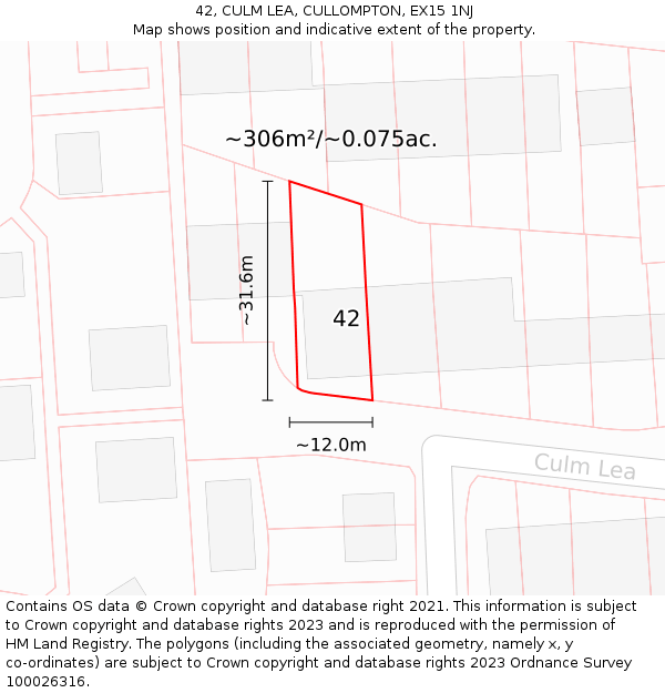 42, CULM LEA, CULLOMPTON, EX15 1NJ: Plot and title map