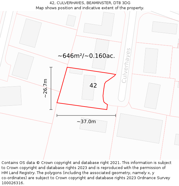 42, CULVERHAYES, BEAMINSTER, DT8 3DG: Plot and title map