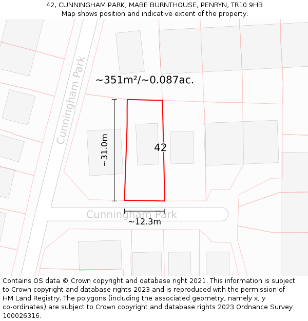 42, CUNNINGHAM PARK, MABE BURNTHOUSE, PENRYN, TR10 9HB: Plot and title map