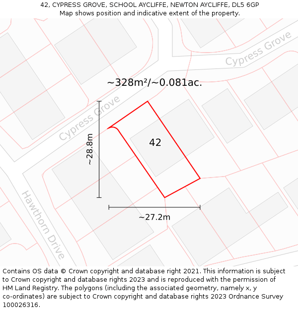 42, CYPRESS GROVE, SCHOOL AYCLIFFE, NEWTON AYCLIFFE, DL5 6GP: Plot and title map