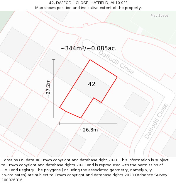 42, DAFFODIL CLOSE, HATFIELD, AL10 9FF: Plot and title map