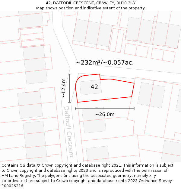 42, DAFFODIL CRESCENT, CRAWLEY, RH10 3UY: Plot and title map