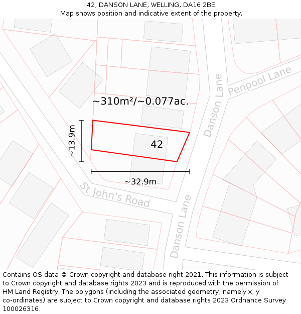 42, DANSON LANE, WELLING, DA16 2BE: Plot and title map
