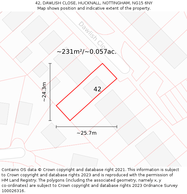 42, DAWLISH CLOSE, HUCKNALL, NOTTINGHAM, NG15 6NY: Plot and title map