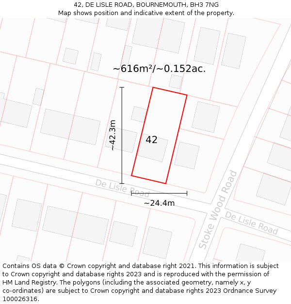 42, DE LISLE ROAD, BOURNEMOUTH, BH3 7NG: Plot and title map