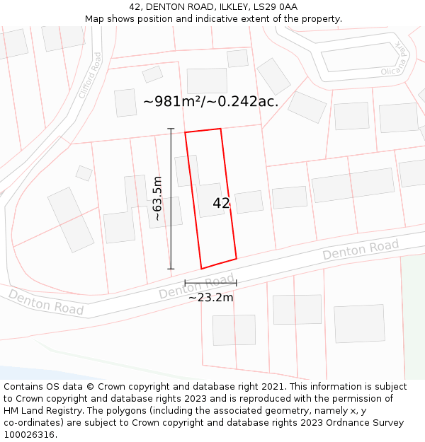 42, DENTON ROAD, ILKLEY, LS29 0AA: Plot and title map