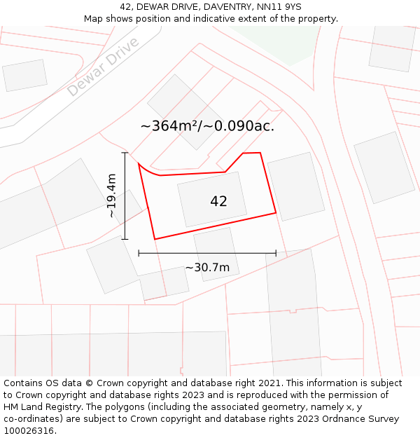 42, DEWAR DRIVE, DAVENTRY, NN11 9YS: Plot and title map