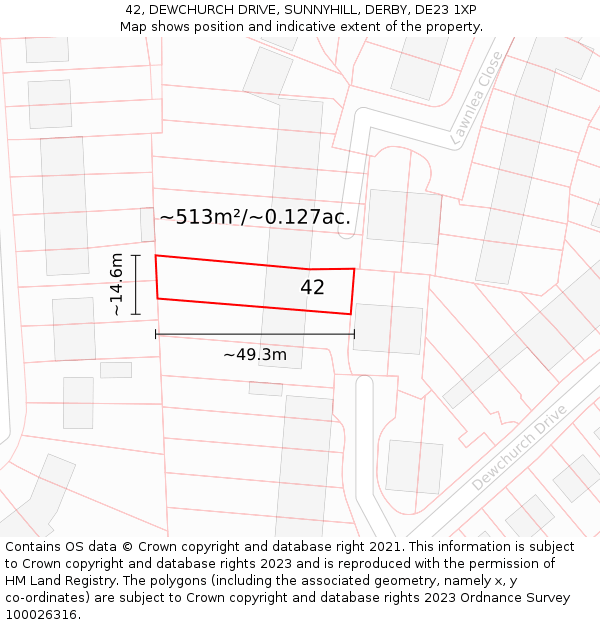 42, DEWCHURCH DRIVE, SUNNYHILL, DERBY, DE23 1XP: Plot and title map