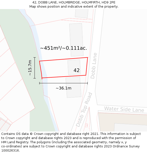 42, DOBB LANE, HOLMBRIDGE, HOLMFIRTH, HD9 2PE: Plot and title map